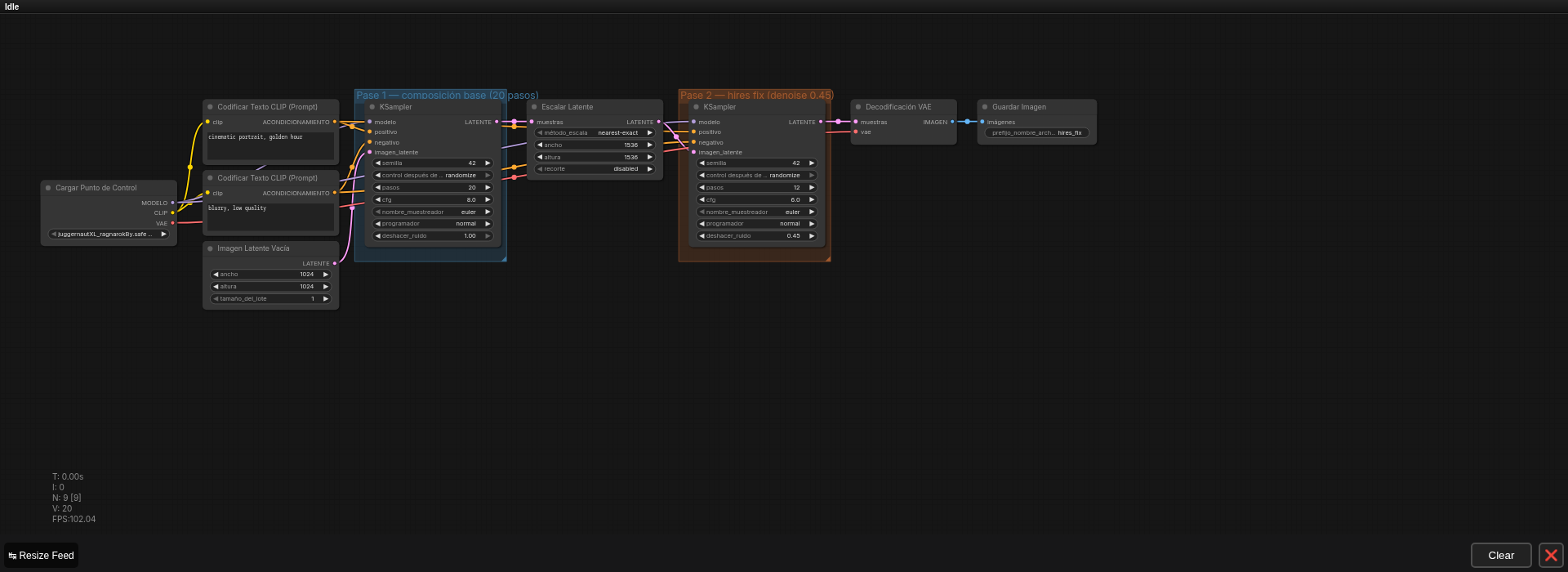 Workflow real de dos pasadas (hires-fix): composición base + refinamiento con upscale latente intermedio