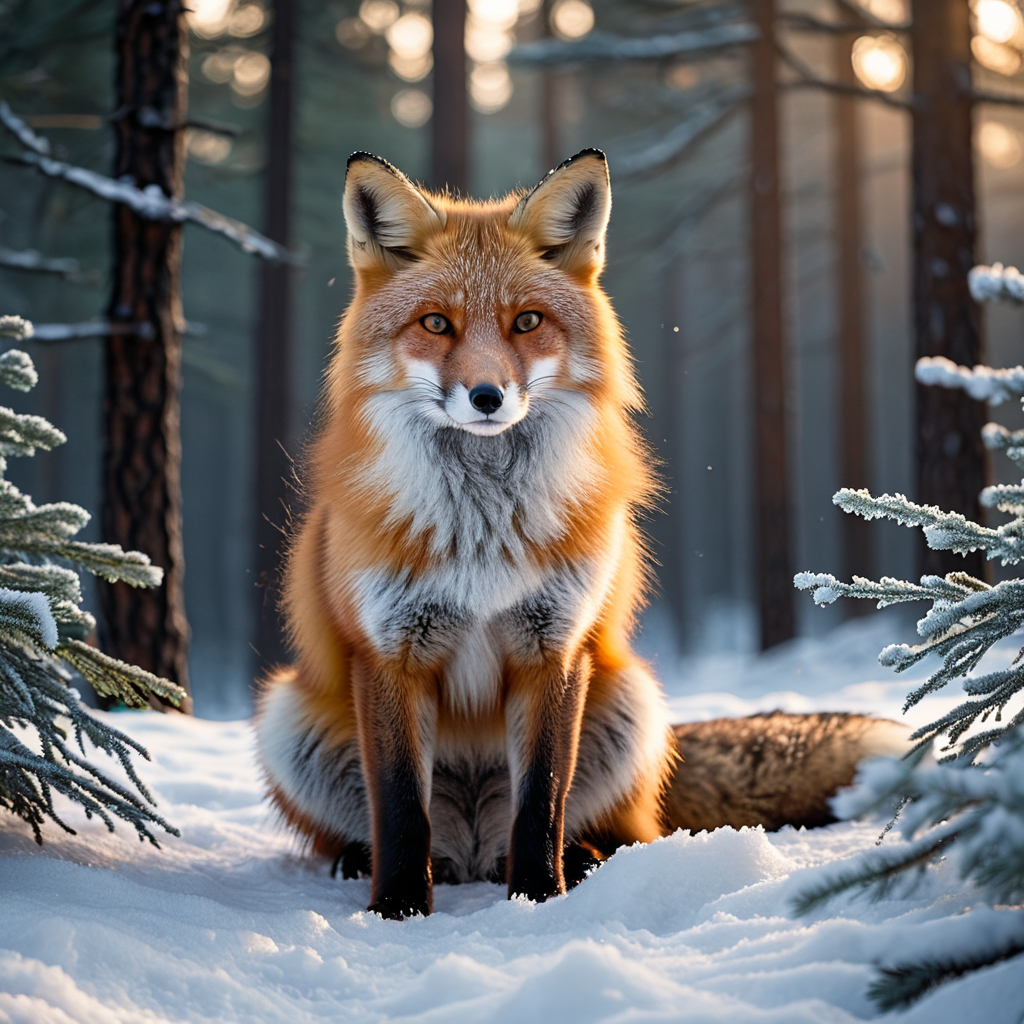 Resultado real generado por COMFYCLAW: zorro rojo en bosque nevado al amanecer