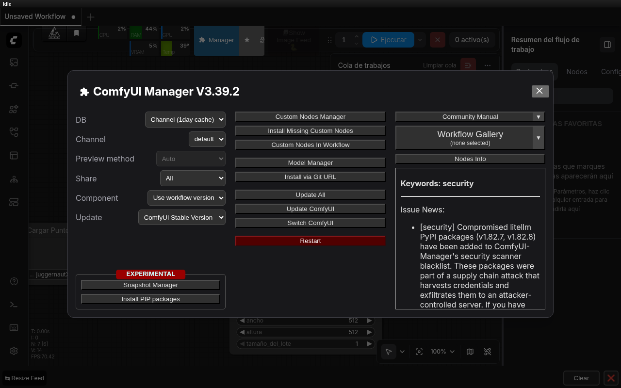 El panel real de ComfyUI Manager V3.39.2
