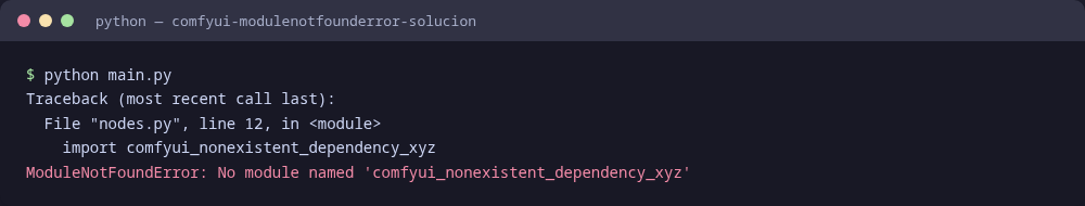 El traceback real de ModuleNotFoundError tal y como aparece en terminal