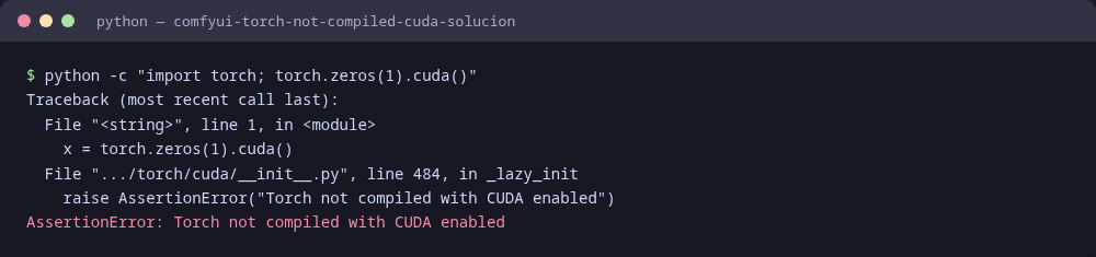 El error real "Torch not compiled with CUDA enabled", reproducido con una build de PyTorch CPU-only