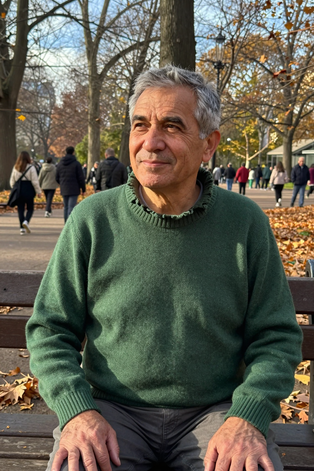 Fotografía de un hombre de mediana edad sentado en un banco de un parque en otoño, generada con el checkpoint oficial de Z-Image Turbo