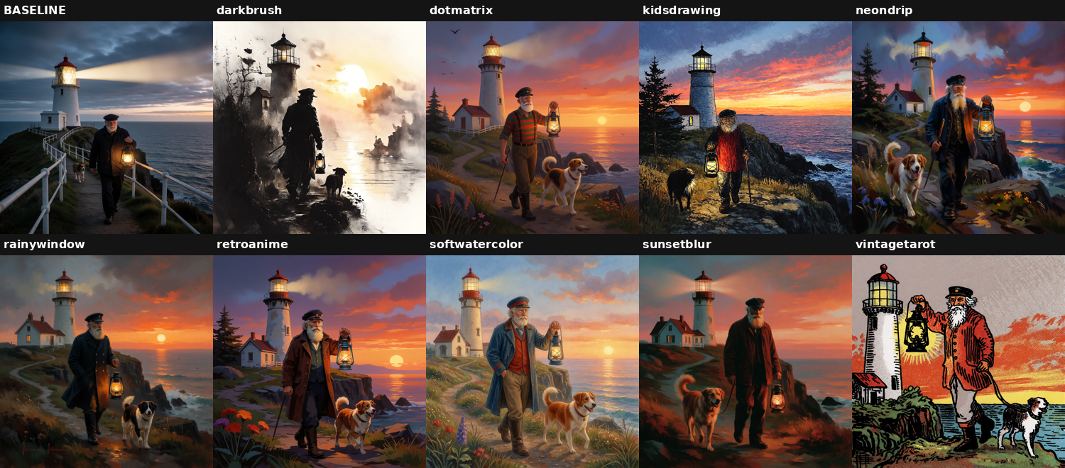 Cuadrícula comparativa de los 9 LoRAs de Krea 2 sin su frase disparadora, junto al baseline fotorrealista sin LoRA