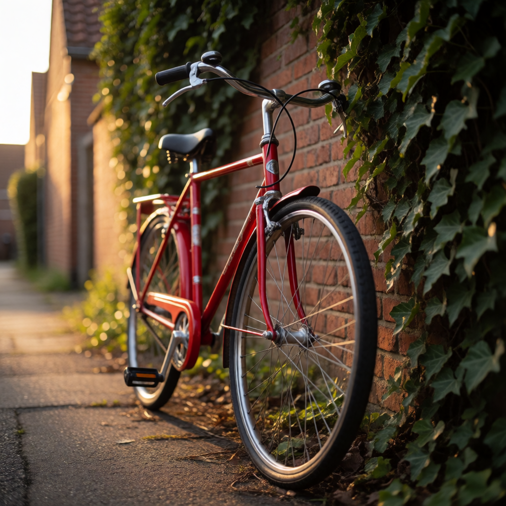 Bicicleta roja vintage apoyada en un muro de ladrillo cubierto de hiedra, generada con Krea 2 Turbo a partir de solo texto