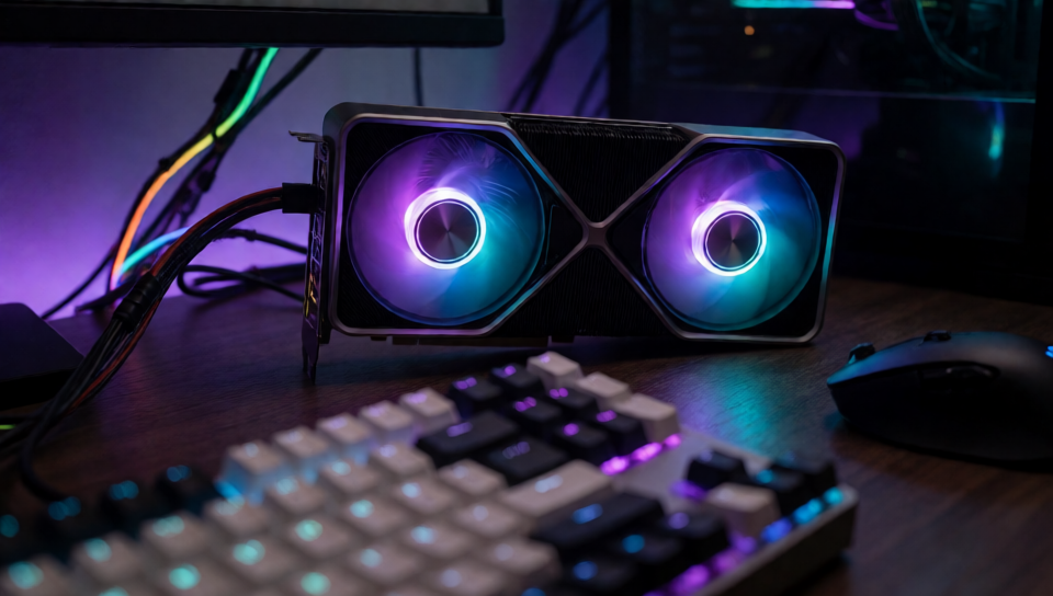 Imagen de referencia usada en ReferenceLatent: una GPU RTX con ventiladores ARGB morado y cian sobre un escritorio de noche