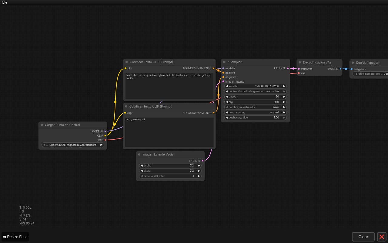 Grafo real de ComfyUI: Checkpoint → CLIP Text Encode → KSampler → VAE Decode → Save Image