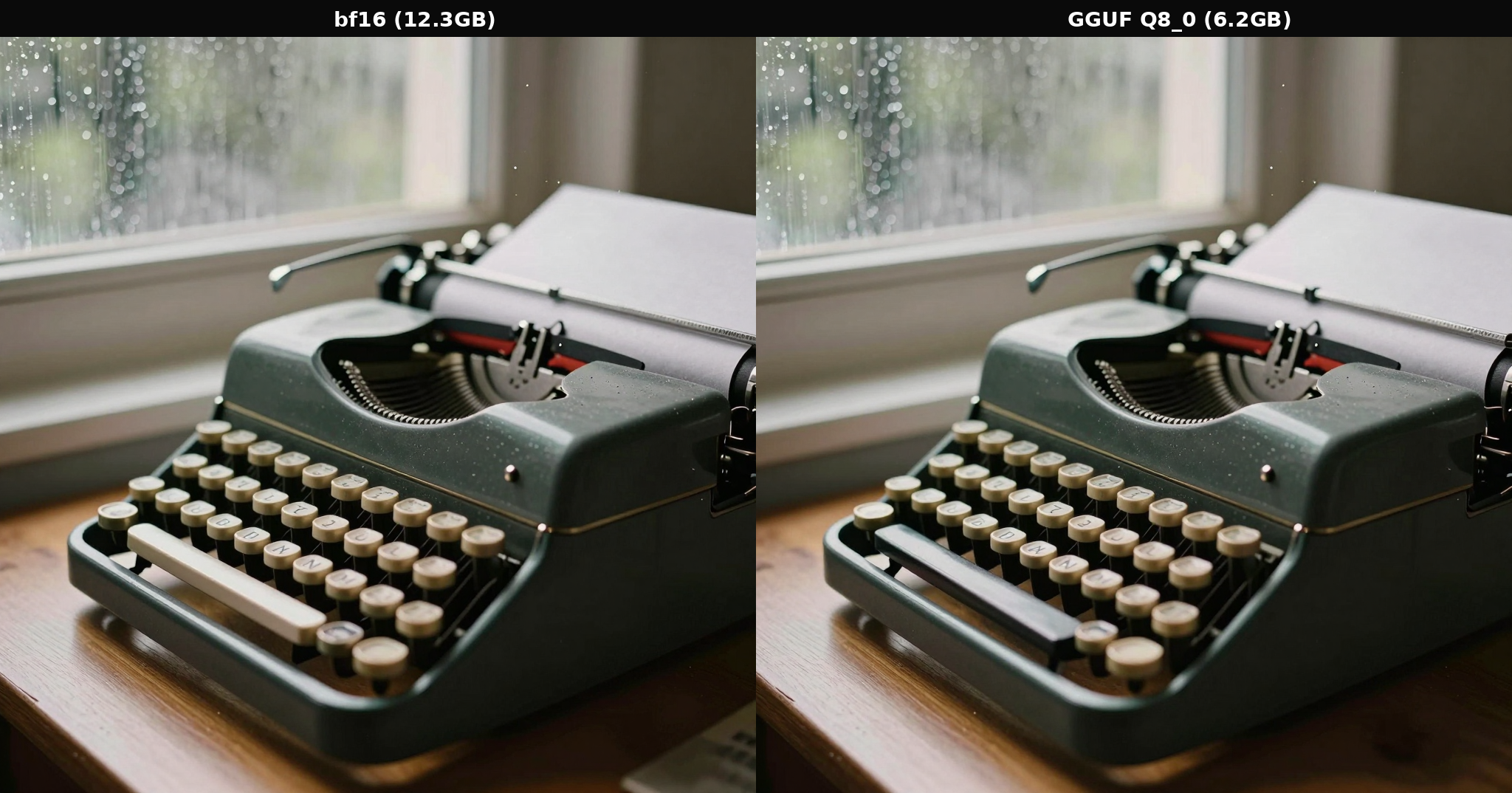 Comparativa lado a lado de la máquina de escribir generada con bf16 y con GGUF Q8_0, composición prácticamente idéntica