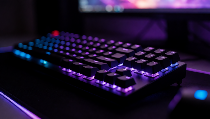 Imagen inicial usada para la prueba I2V: un teclado mecánico con iluminación RGB morada y azul sobre un escritorio oscuro, generada con Krea 2 Turbo a 848x480