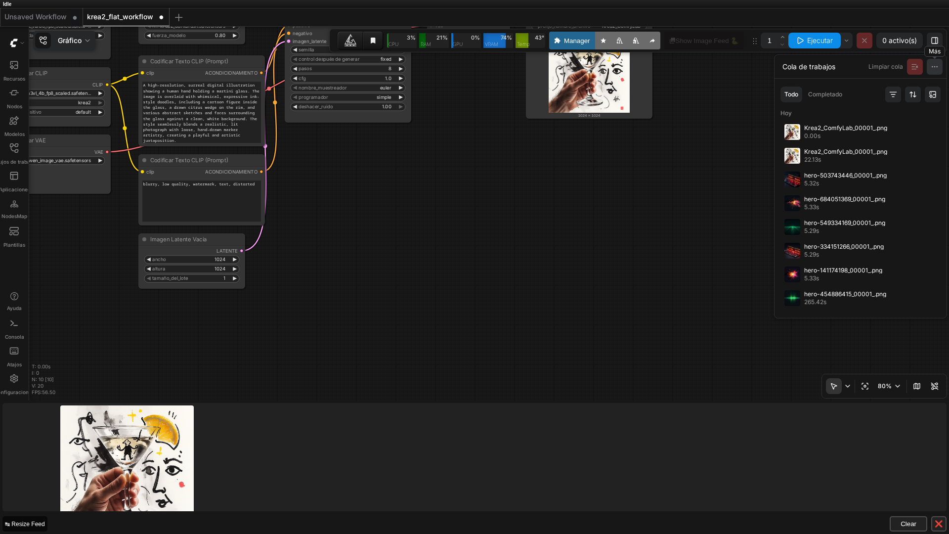 Workflow de Krea 2 cargado y ejecutado en ComfyUI, con la imagen resultante visible en el nodo Guardar Imagen