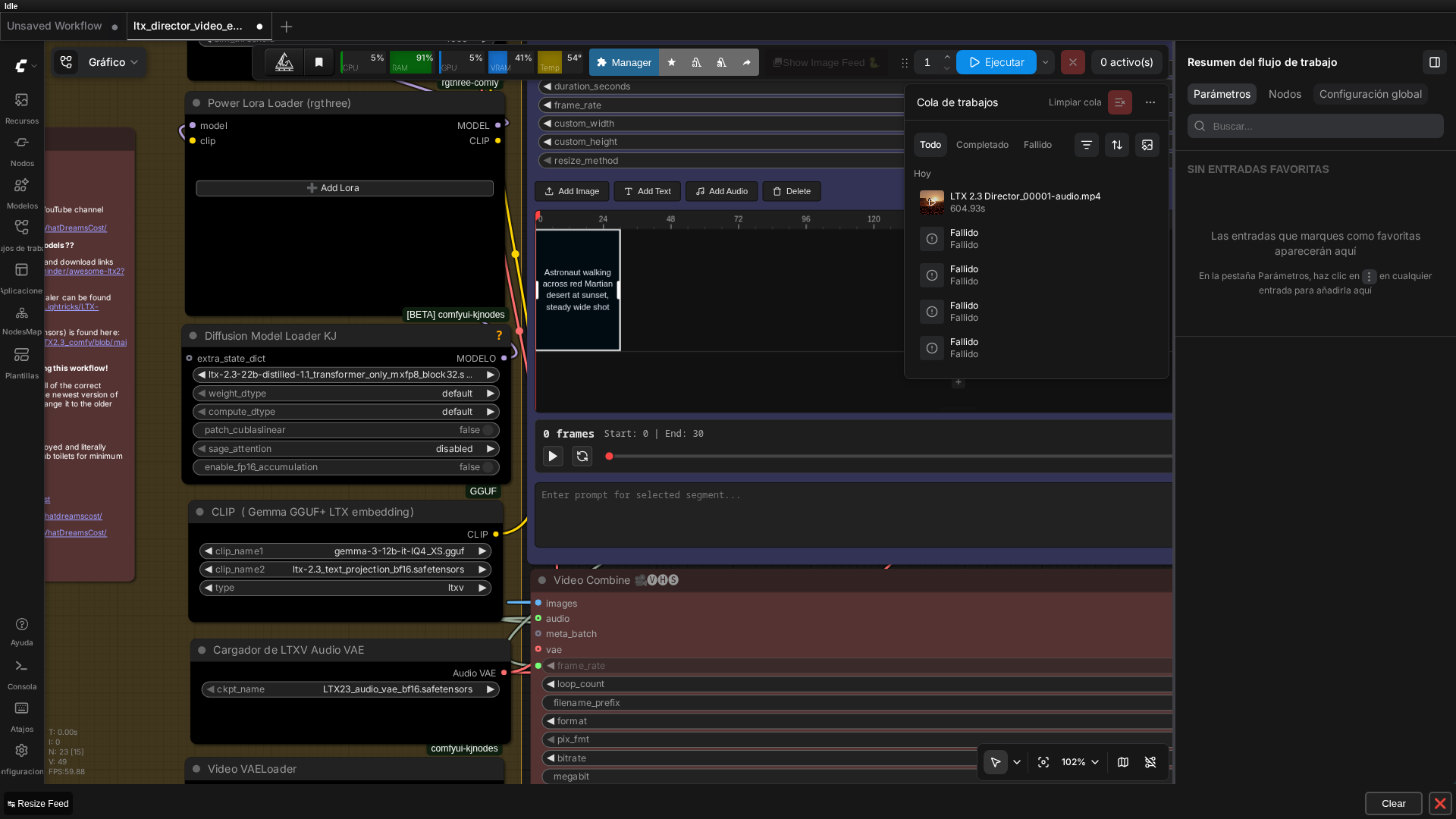 Workflow de LTX Director cargado en ComfyUI, con el segmento del timeline y su prompt real visible