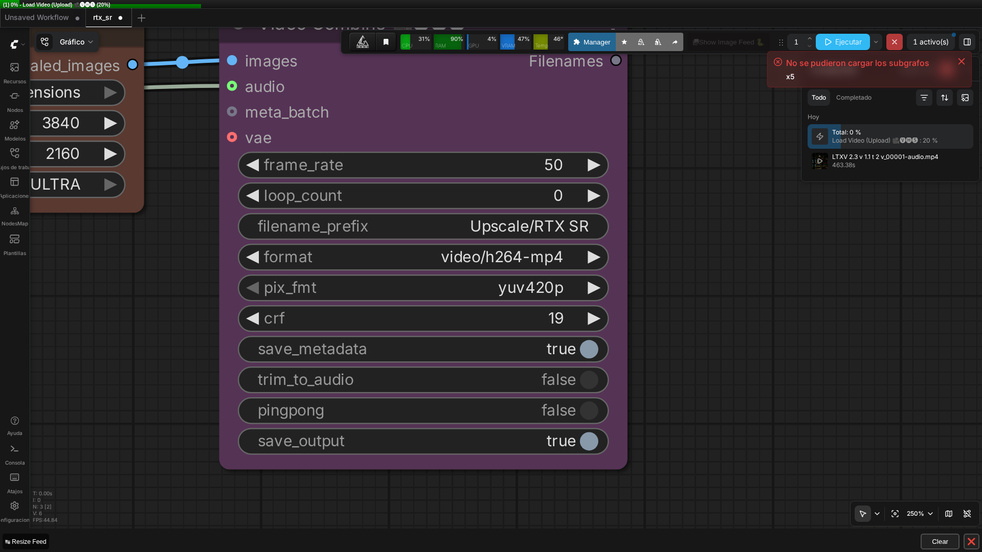 Workflow RTX Super Resolution cargado y ejecutándose en ComfyUI