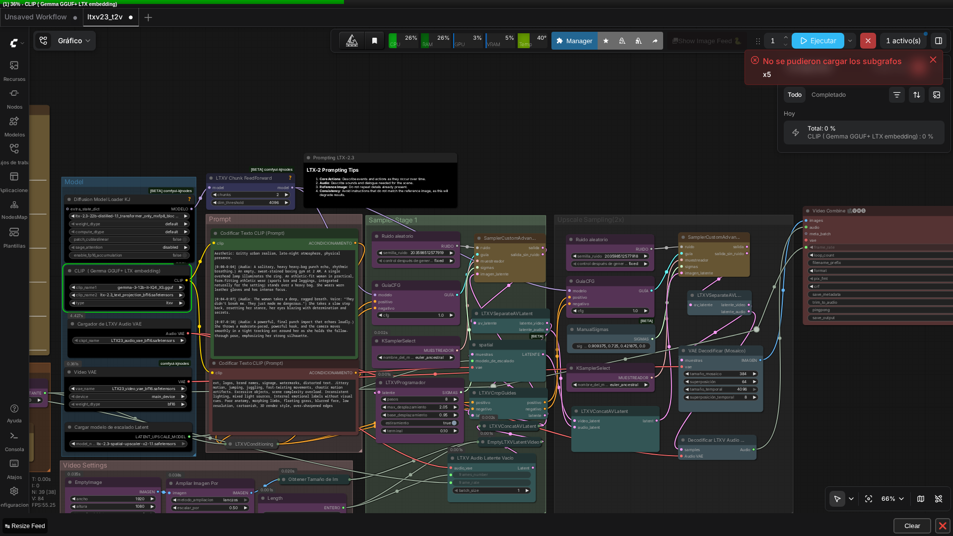 Workflow LTXV-2.3 T2V cargado y ejecutándose en ComfyUI, grafo completo con cola de trabajos real