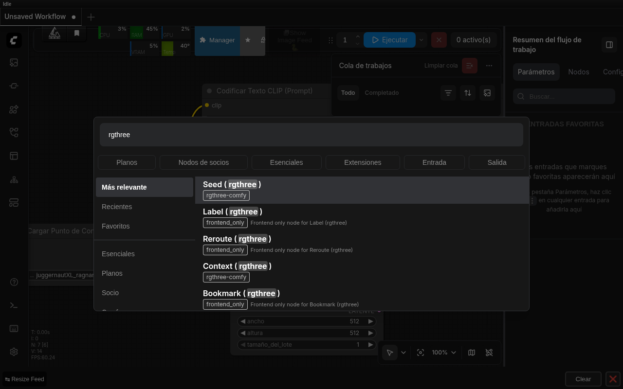 El buscador real de ComfyUI mostrando los nodos de rgthree-comfy instalados