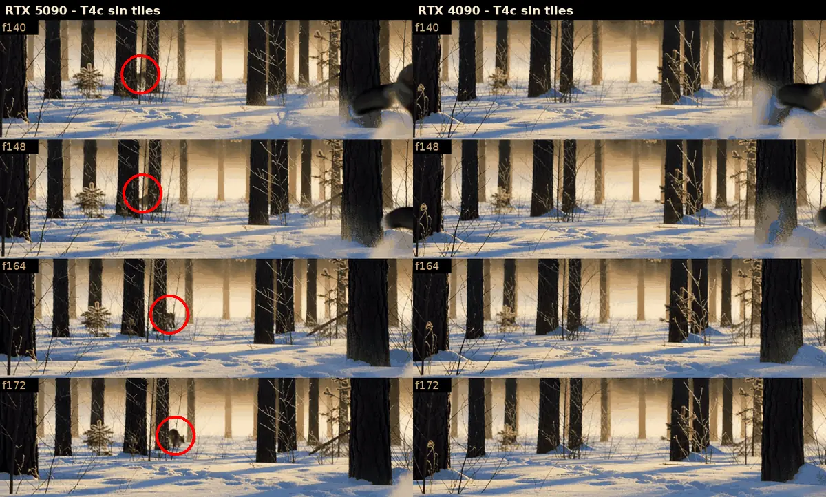 Comparativa del upscale sin tiles: a la izquierda la RTX 5090 con un segundo zorro marcado con un círculo rojo, a la derecha la RTX 4090 sin duplicado