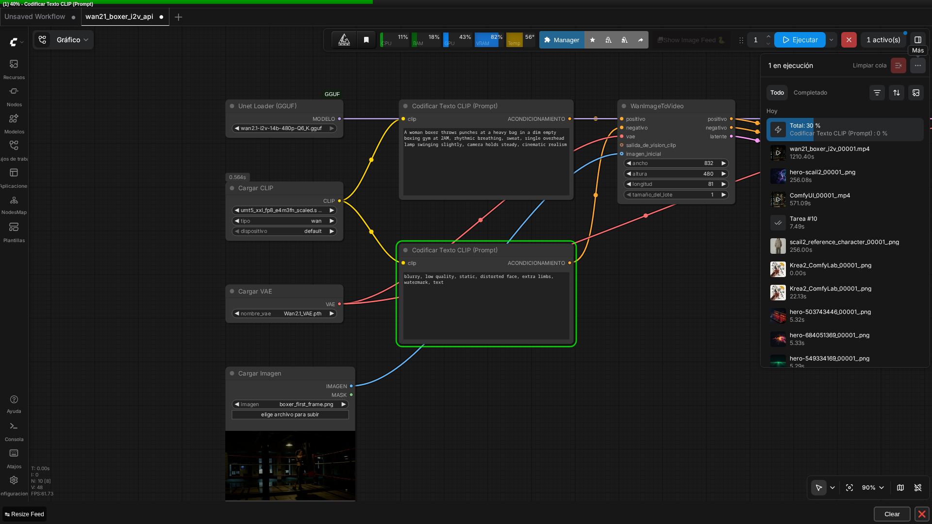 Workflow de Wan 2.1 I2V cargado y ejecutándose en ComfyUI