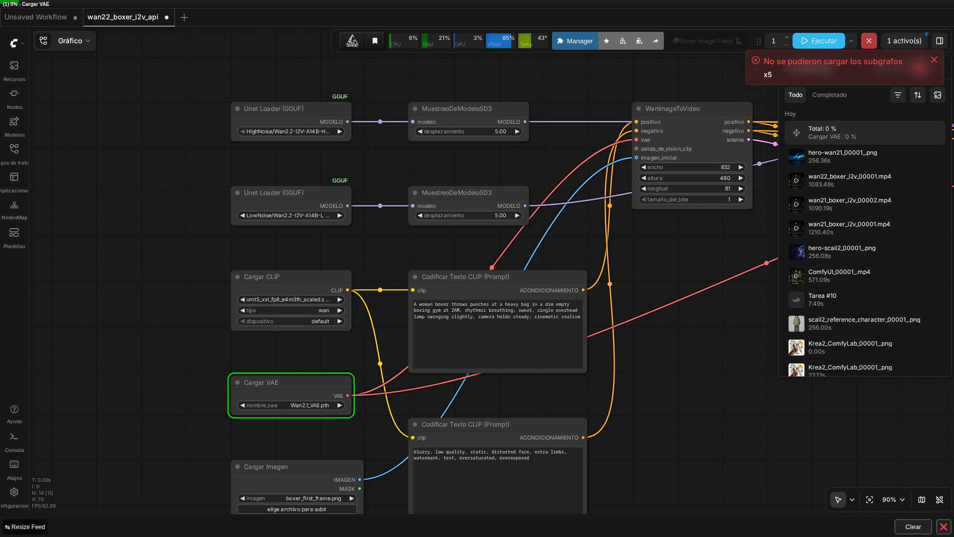 Workflow de Wan 2.2 I2V cargado en ComfyUI, mostrando la estructura de doble modelo HighNoise/LowNoise